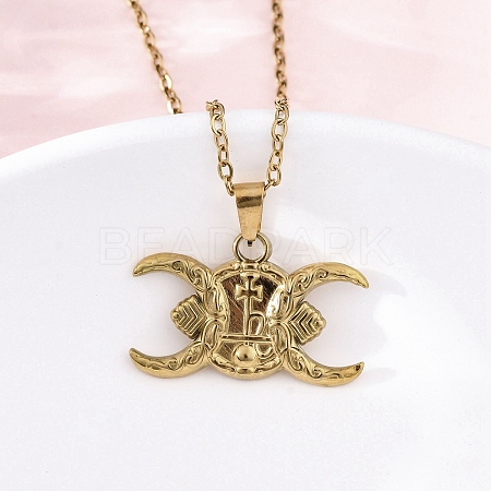 Crescent Moon Cross 304 Stainless Steel Pendant Necklaces NJEW-M096-30G-1
