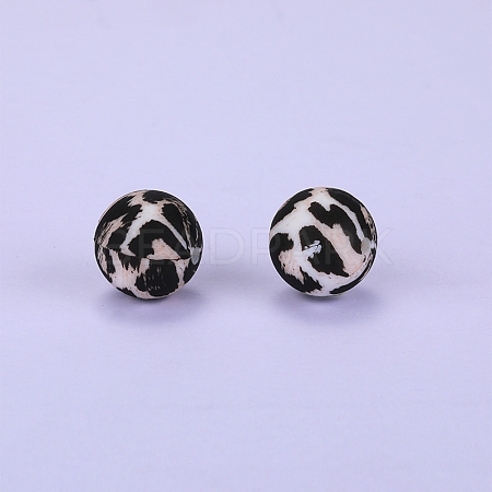 Printed Round with Leopard Print Pattern Silicone Focal Beads SI-JX0056A-01-1